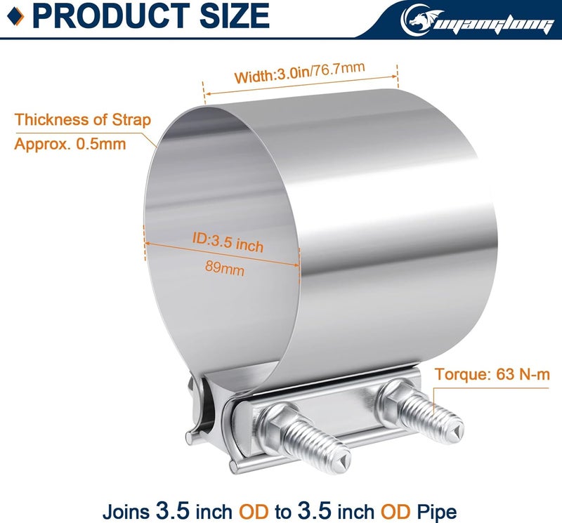 ouyanglong 3.5 Inch Exhaust Clamp, 3 1/2" Butt Joint Band Clamp Stainless Steel Sleeve Coupler for Pipes,Mufflers,Catalytic Converters - 2 Pack - Image 2